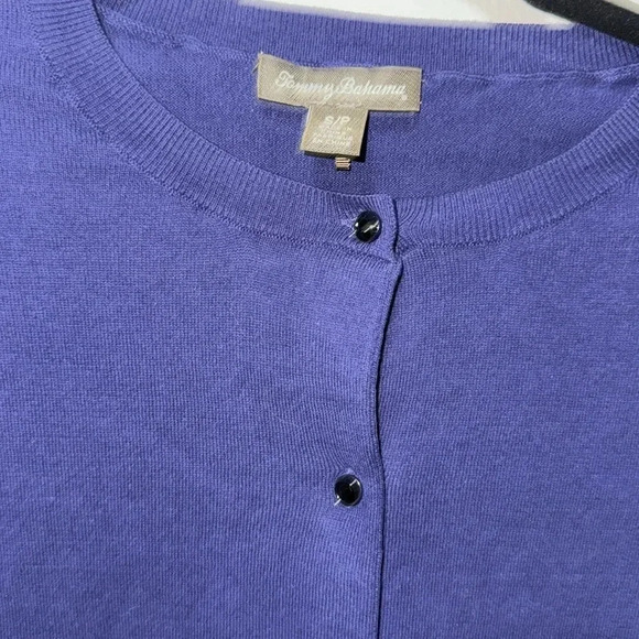 Tommy Bahama Indigo Blue Cardigan with gem buttons, 100% cotton. Size SM/P. EUC. - Picture 2 of 6
